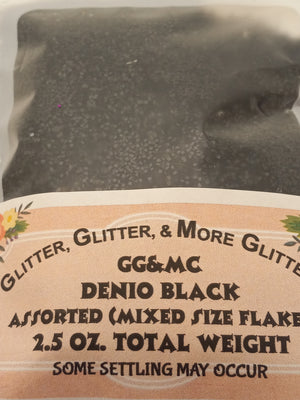 Denio Black - Mixed size black glitter flakes