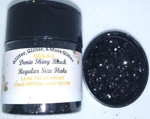 Denio Shiny Black - Regular size glossy black glitter flakes